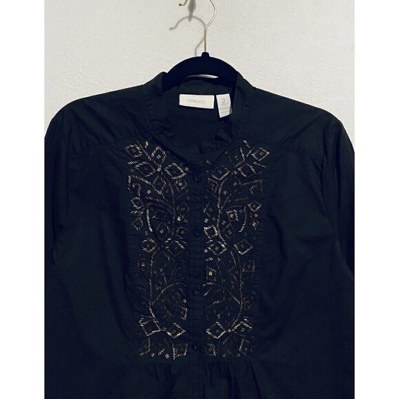 Chicos 2 Top Womens Large Embellished Long Sleeve Tunic Brown Stretch Cotton - Picture 2 of 6